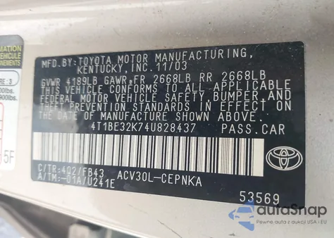 2004 Toyota Camry Le from USA, damaged, VIN 4T1BE32K74U828437